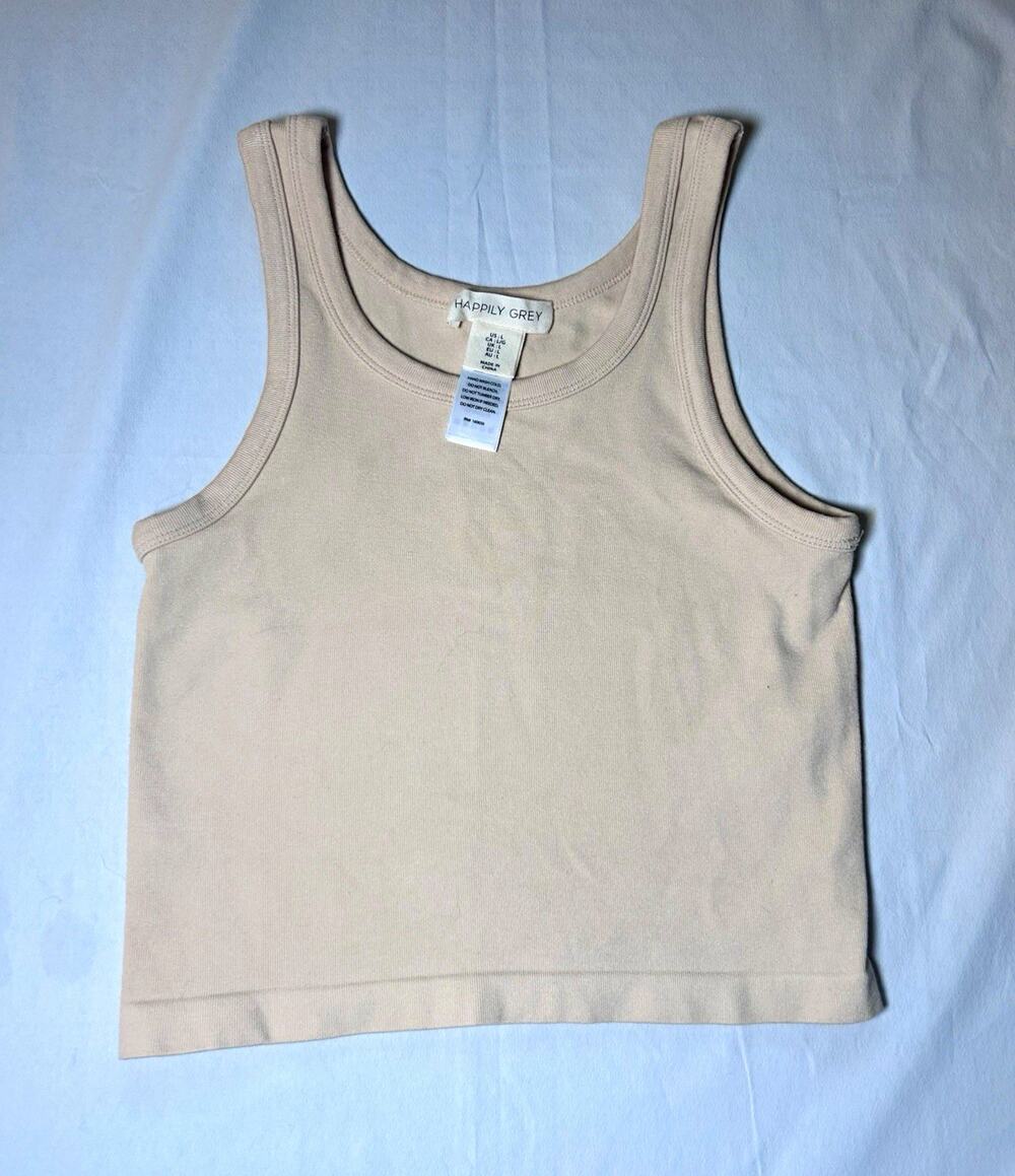 Happily Grey Women’s Beige Solid Stretch Knit Scoop Neck Wide Strap Tank Top L